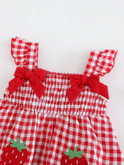 Conjunto 2 Peças Bebê Menina Top Alças com Bordado de Morango e Shorts Xadrez