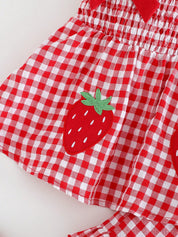 Conjunto 2 Peças Bebê Menina Top Alças com Bordado de Morango e Shorts Xadrez