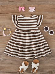 Vestido Bebê Menina Listrado com Aplique de Flor e Manga Babado