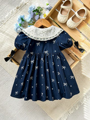 Vestido Infantil Menina Gola Peter Pan Renda Manga Bufante Estampa Laços