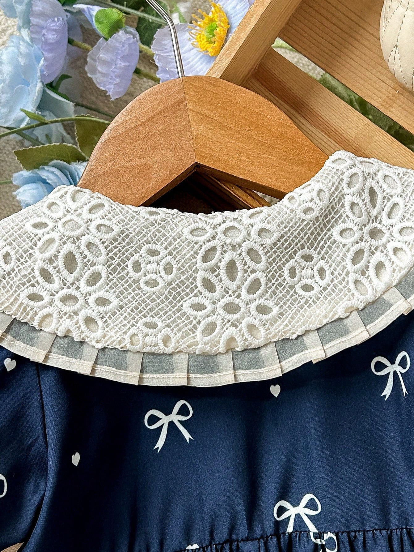 Vestido Infantil Menina Gola Peter Pan Renda Manga Bufante Estampa Laços