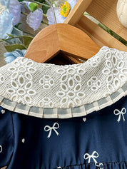 Vestido Infantil Menina Gola Peter Pan Renda Manga Bufante Estampa Laços