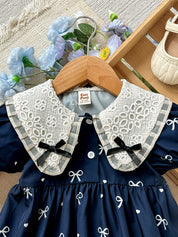 Vestido Infantil Menina Gola Peter Pan Renda Manga Bufante Estampa Laços