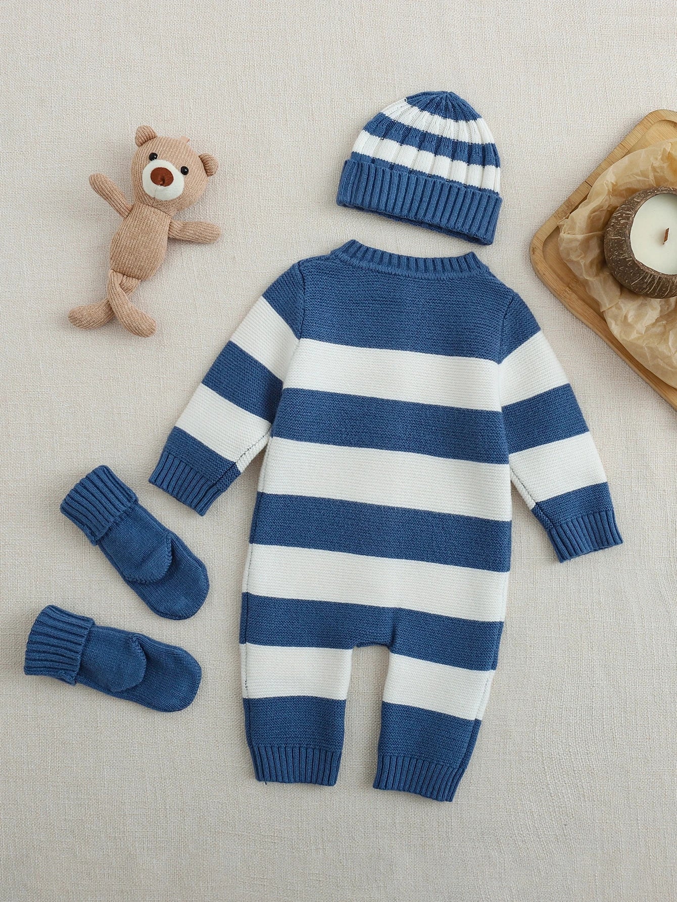 Kit Macacão Bebê Unissex 3 Peças Tricô Listrado com Urso