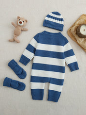 Kit Macacão Bebê Unissex 3 Peças Tricô Listrado com Urso
