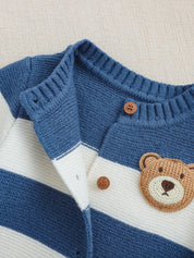 Kit Macacão Bebê Unissex 3 Peças Tricô Listrado com Urso