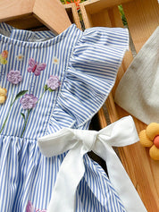 Vestido Infantil Menina Listrado com Flores 3D e Laços Laterais