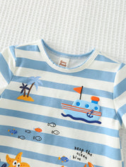 Conjunto Bebê Menino Camiseta Listrada Tema Oceano e Shorts