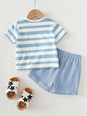 Conjunto Bebê Menino Camiseta Listrada Tema Oceano e Shorts