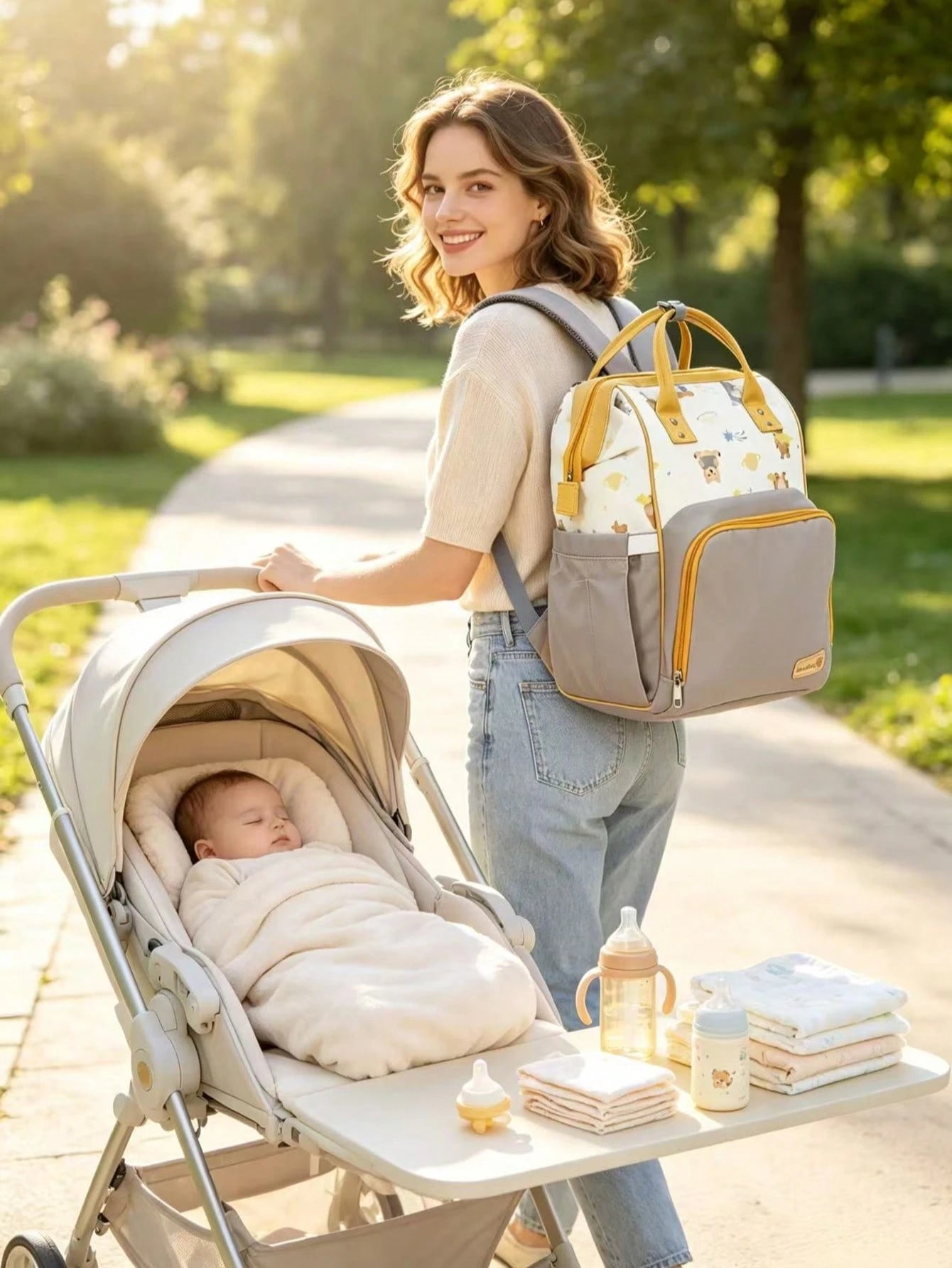 Mochila Maternidade para Fraldas Grande Capacidade com Estampa de Urso