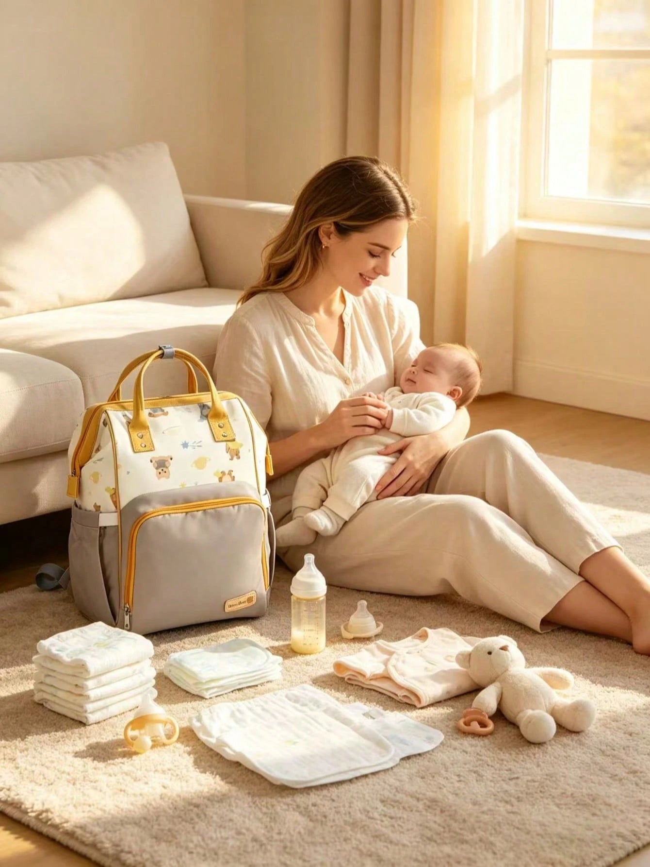 Mochila Maternidade para Fraldas Grande Capacidade com Estampa de Urso