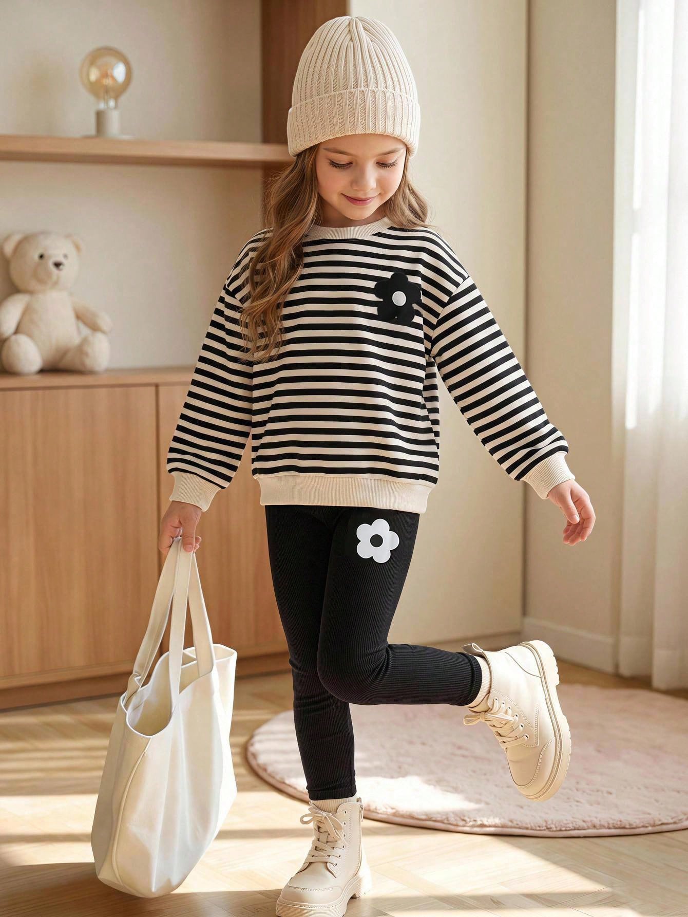 Conjunto Infantil Menina Moletom Listrado Floral e Legging
