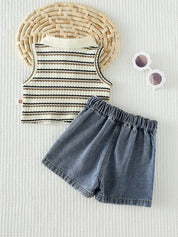 Conjunto Bebê Menina Top Polo Listrado e Shorts Saia Jeans