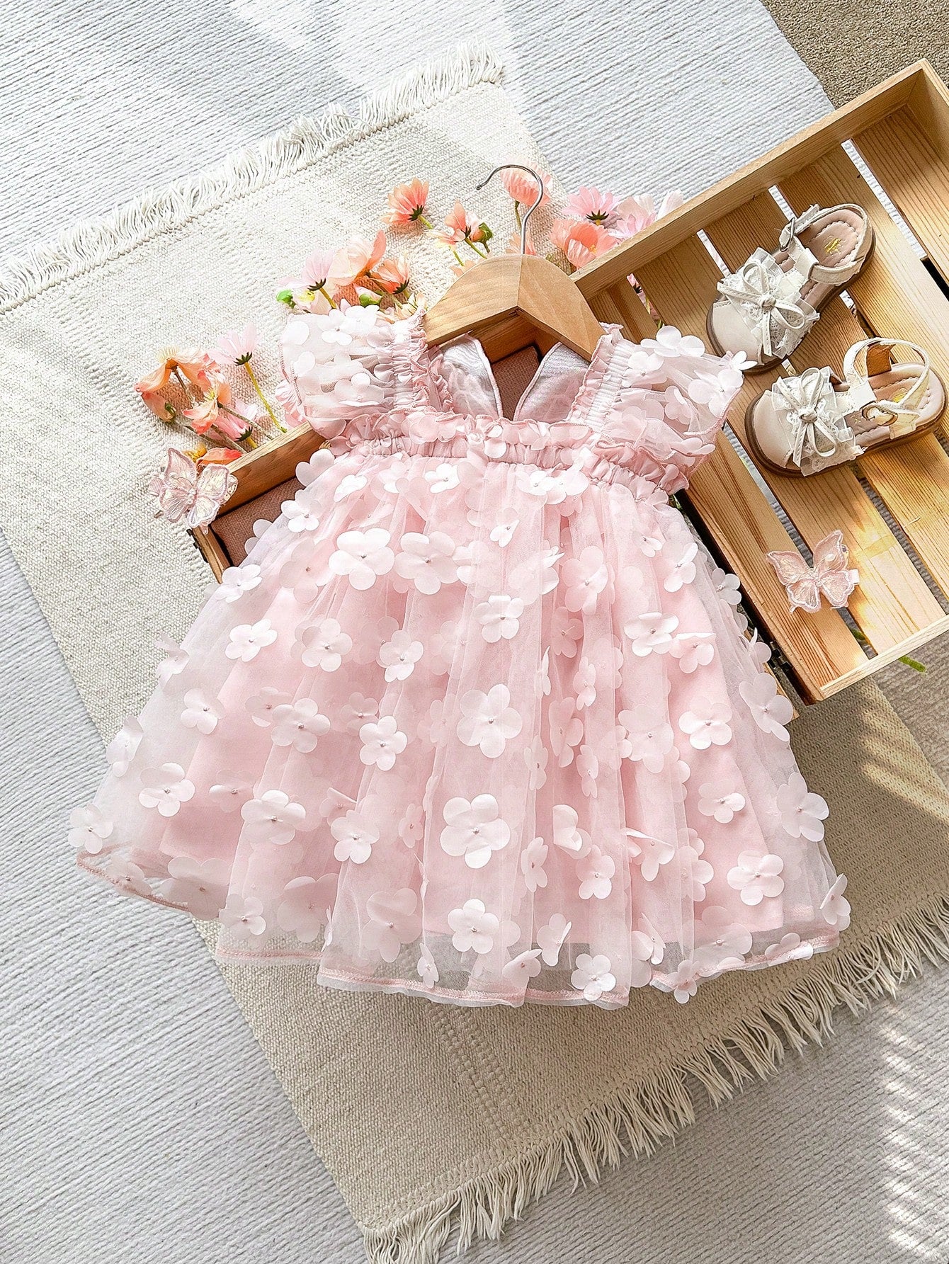 Vestido Bebê Menina Tule Rosa Floral 3D Borboleta