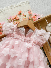 Vestido Bebê Menina Tule Rosa Floral 3D Borboleta