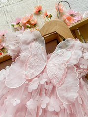 Vestido Bebê Menina Tule Rosa Floral 3D Borboleta