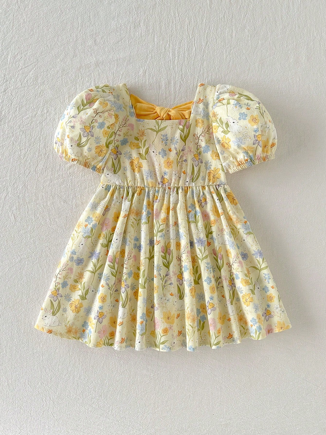 Vestido Bebê Menina Manga Bufante Floral e Coelho