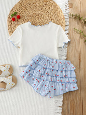 Conjunto Bebê Menina Blusa Cereja e Shorts Saia Xadrez