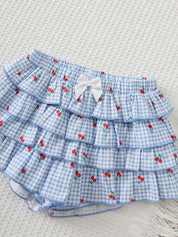 Conjunto Bebê Menina Blusa Cereja e Shorts Saia Xadrez