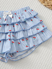 Conjunto Bebê Menina Blusa Cereja e Shorts Saia Xadrez
