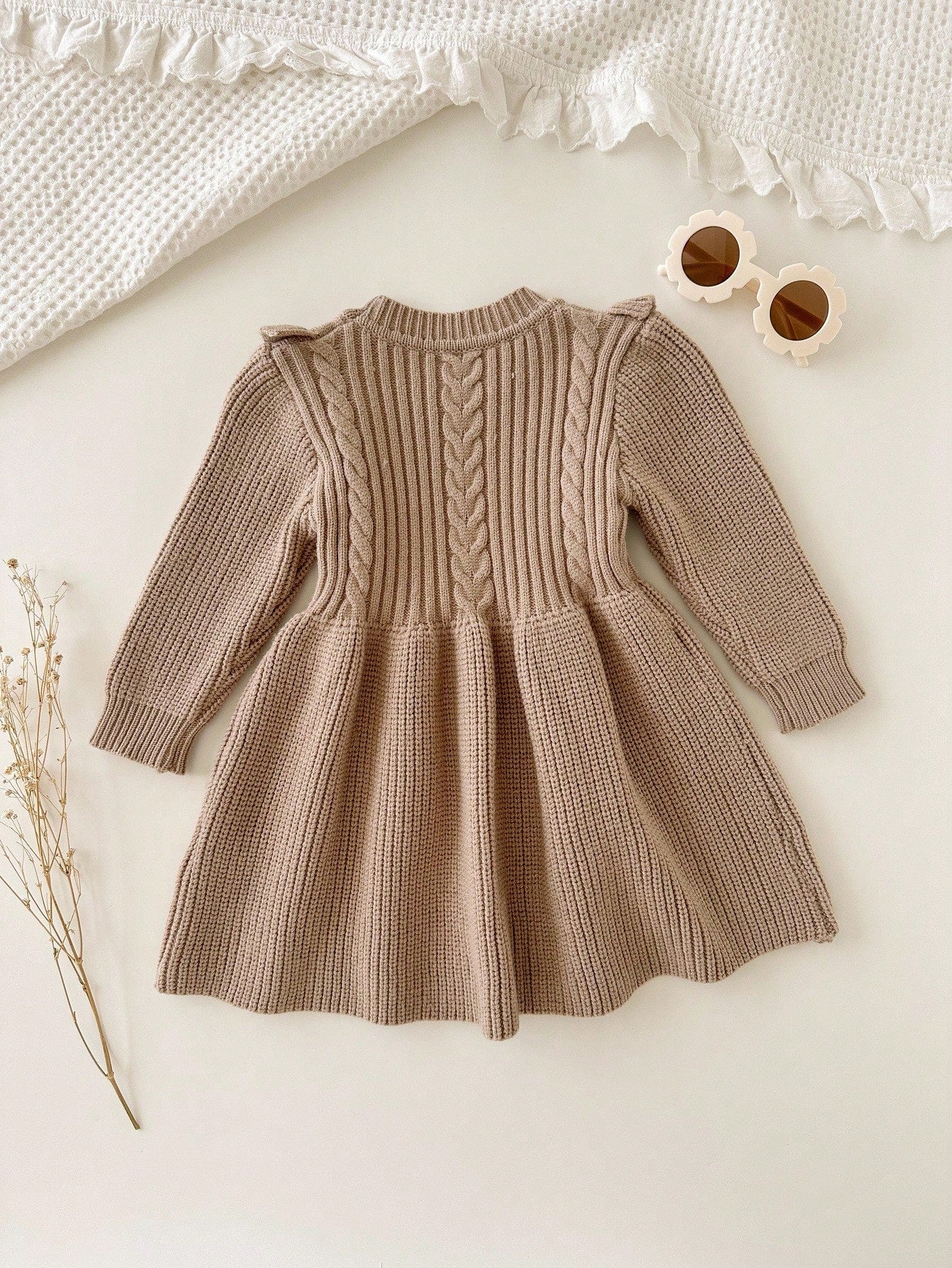Vestido Tricô Bebê Menina Manga Longa com Babado