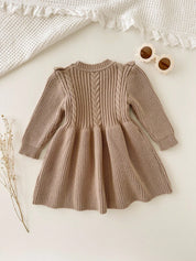 Vestido Tricô Bebê Menina Manga Longa com Babado