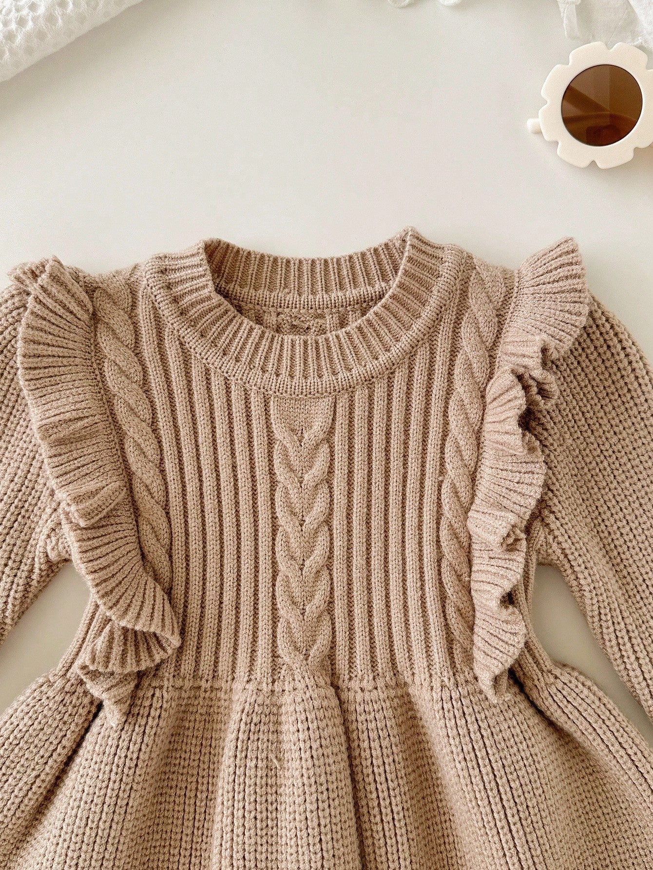 Vestido Tricô Bebê Menina Manga Longa com Babado