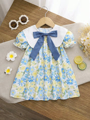 Vestido Bebê Menina Manga Curta Bufante Gola Marinheiro Laço Estampa Floral