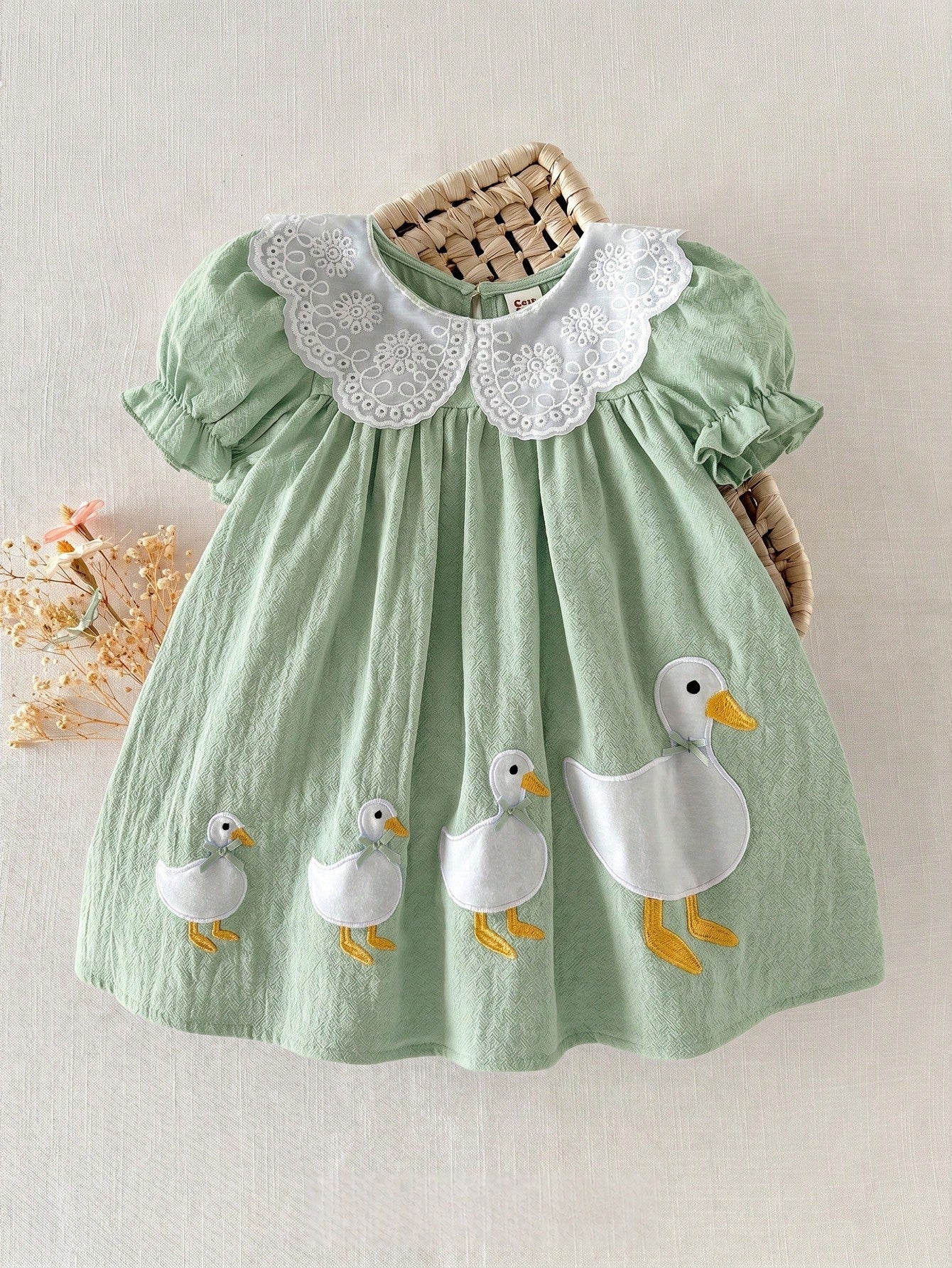 Vestido Bebê Menina Gola Peter Pan com Aplique de Patinhos