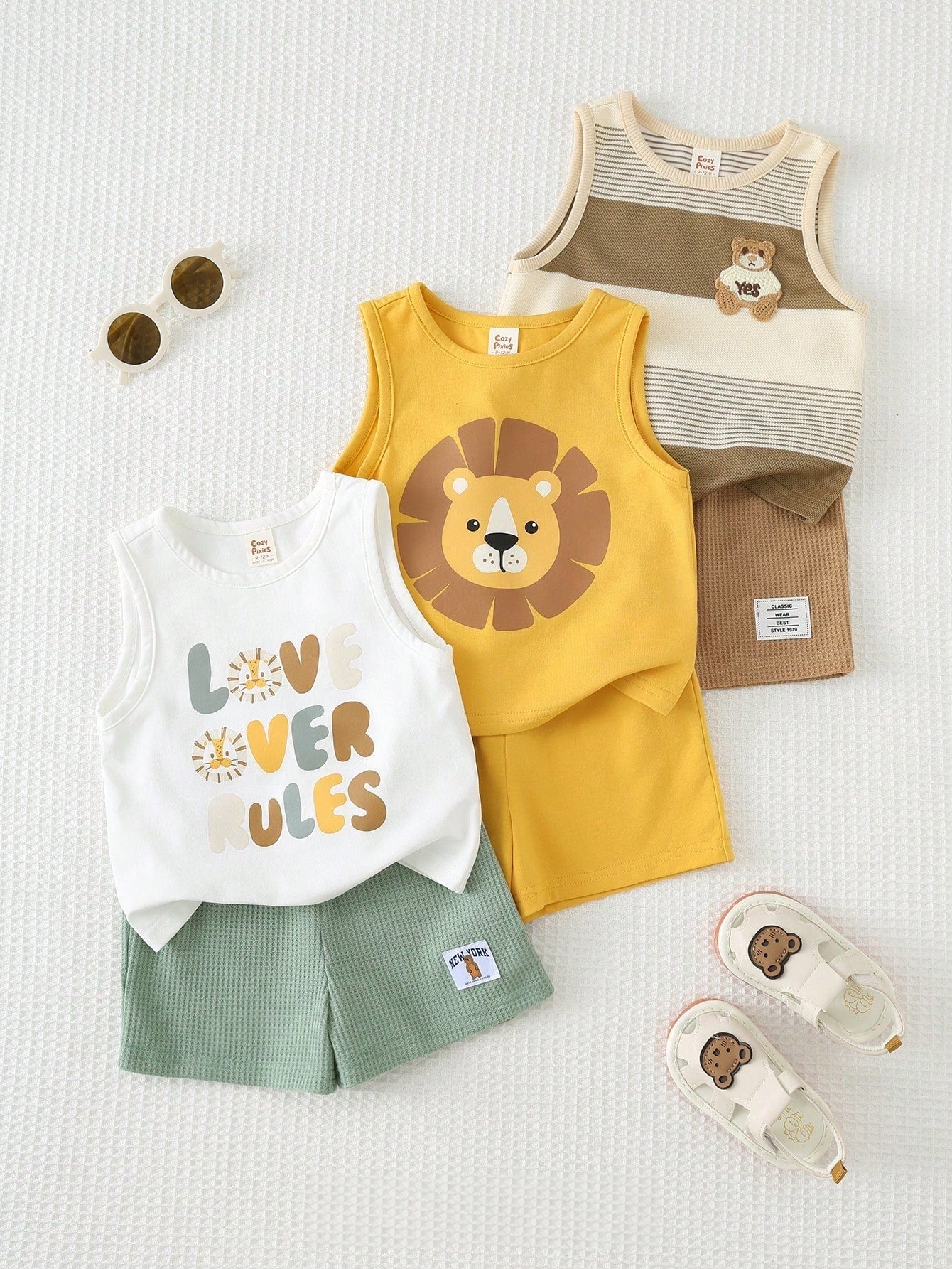 Kit 3 Conjuntos Bebê Menino Regata e Shorts Leão e Urso