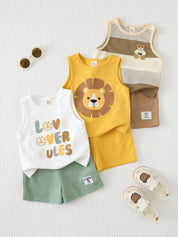 Kit 3 Conjuntos Bebê Menino Regata e Shorts Leão e Urso
