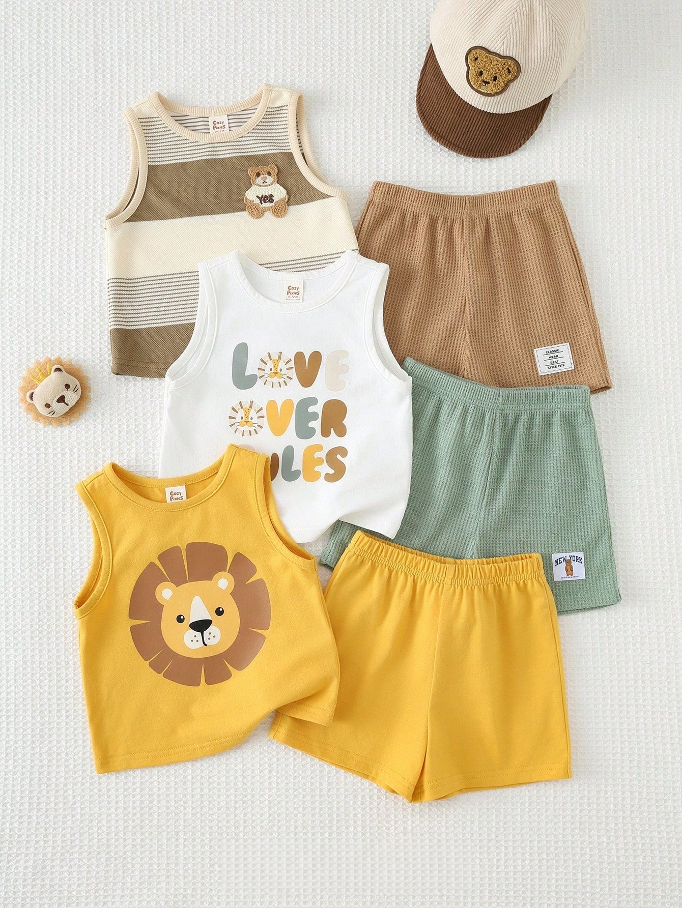 Kit 3 Conjuntos Bebê Menino Regata e Shorts Leão e Urso