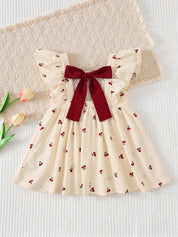 Vestido Bebê Menina Estampa Cereja com Laço Vermelho