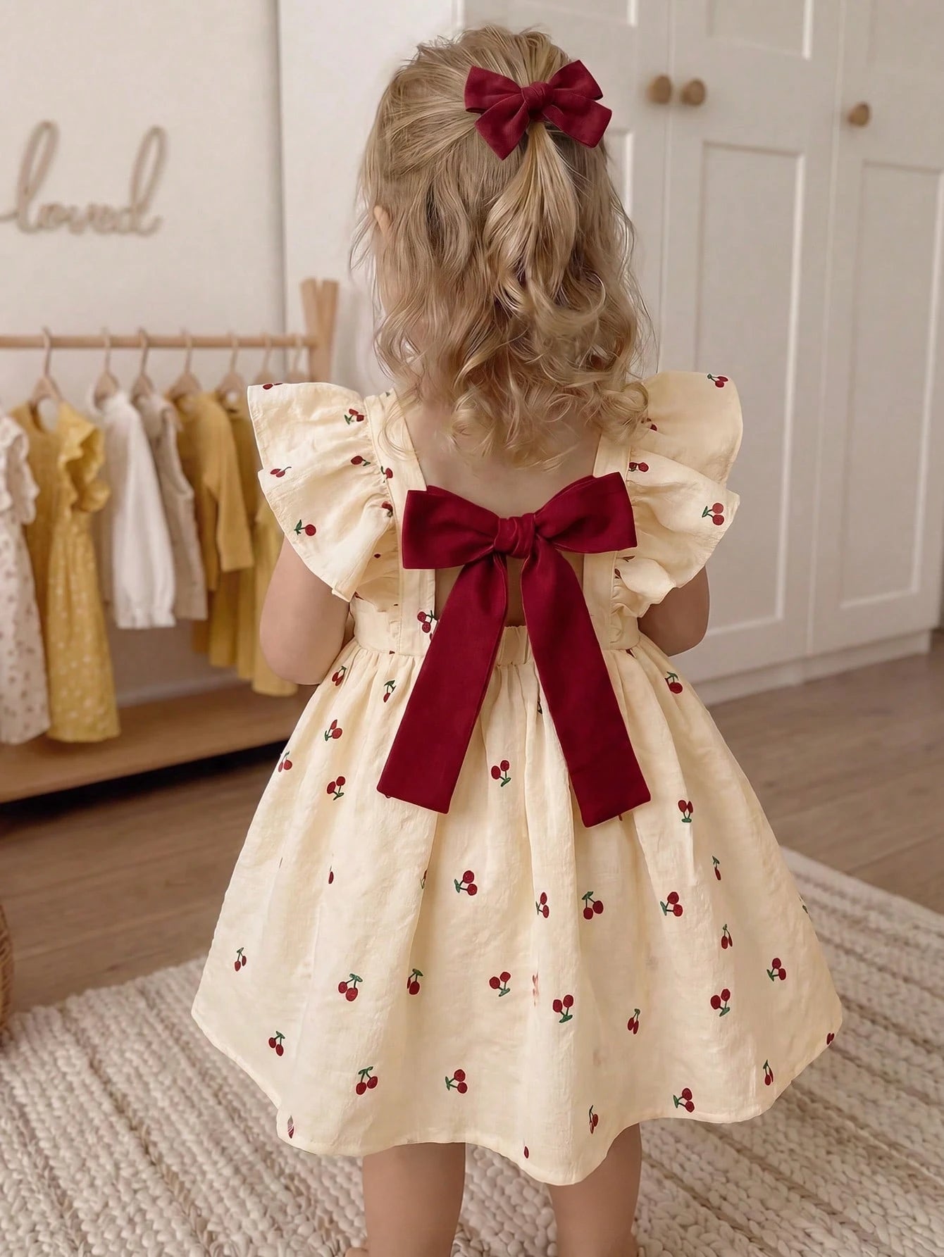 Vestido Bebê Menina Estampa Cereja com Laço Vermelho