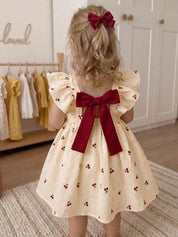 Vestido Bebê Menina Estampa Cereja com Laço Vermelho