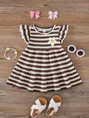 Vestido Bebê Menina Listrado com Aplique de Flor e Manga Babado