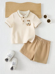 Conjunto Bebê Menino Polo com Urso Bordado e Shorts