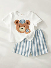 Conjunto Bebê Menino Baseball com Urso Bordado e Shorts Listrado