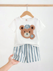 Conjunto Bebê Menino Baseball com Urso Bordado e Shorts Listrado