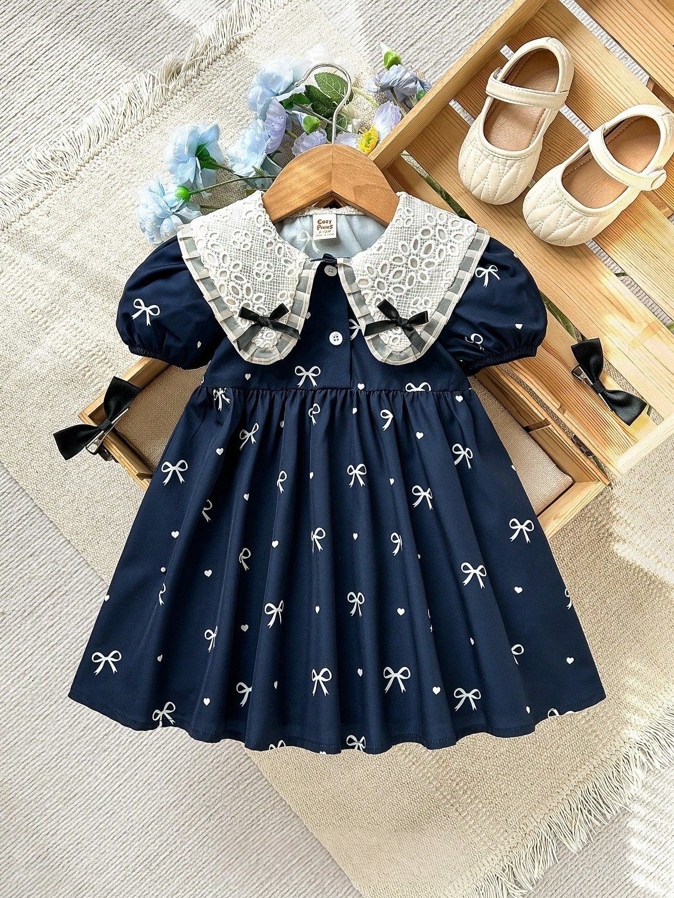 Vestido Infantil Menina Gola Peter Pan Renda Manga Bufante Estampa Laços