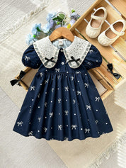 Vestido Infantil Menina Gola Peter Pan Renda Manga Bufante Estampa Laços