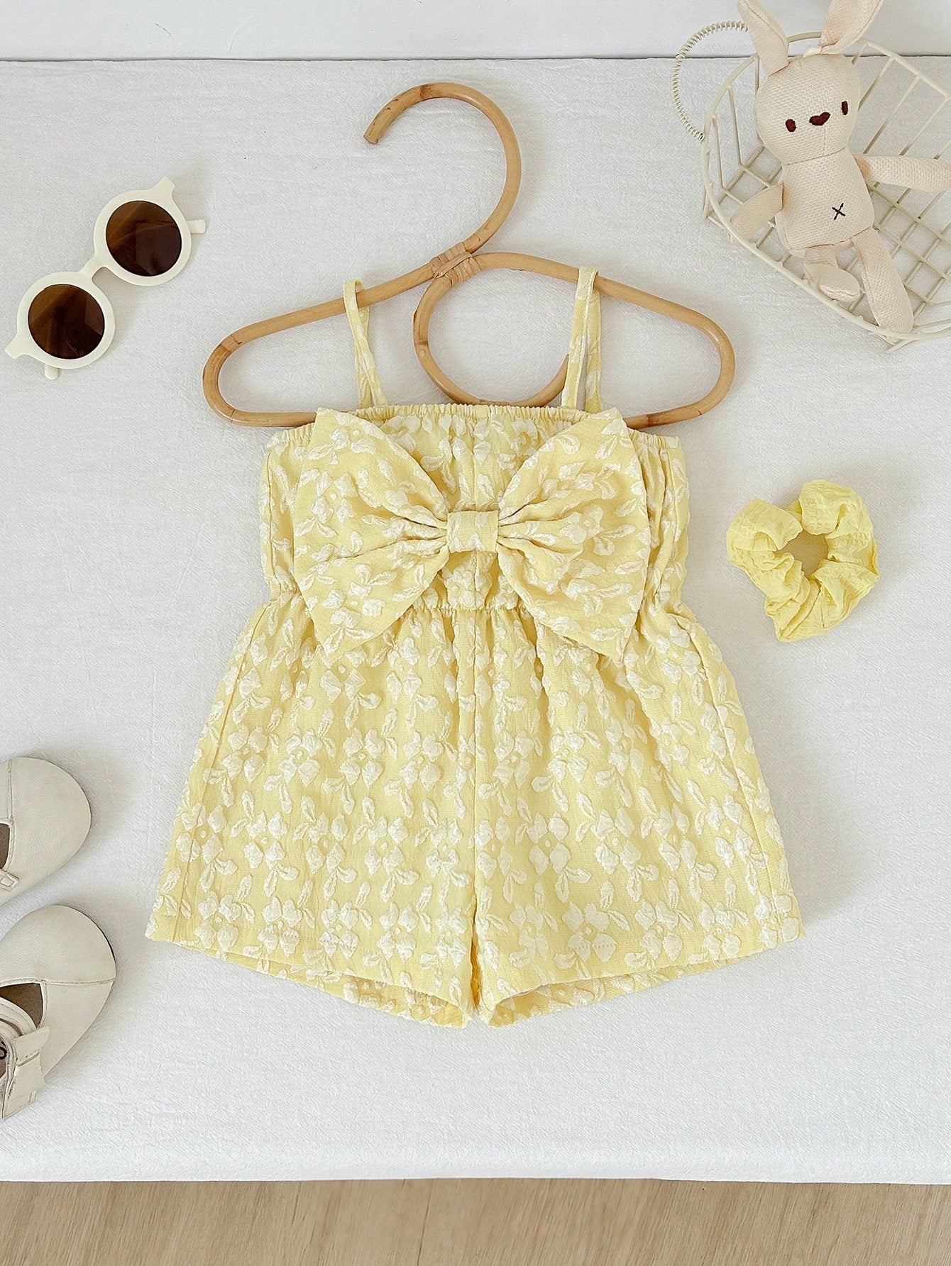 Macacão Romper Bebê Menina Jacquard Floral com Laço Frontal