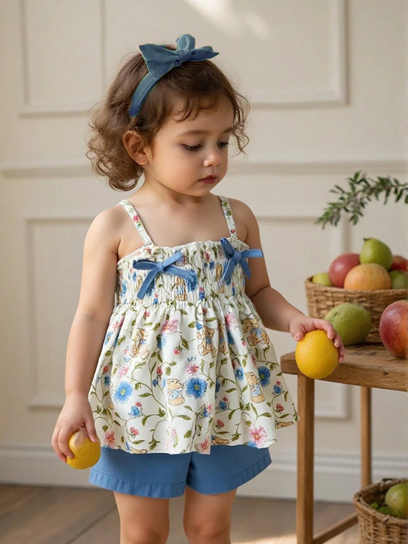 Conjunto Bebê Menina Floral com Ursinhos Laços e Shorts