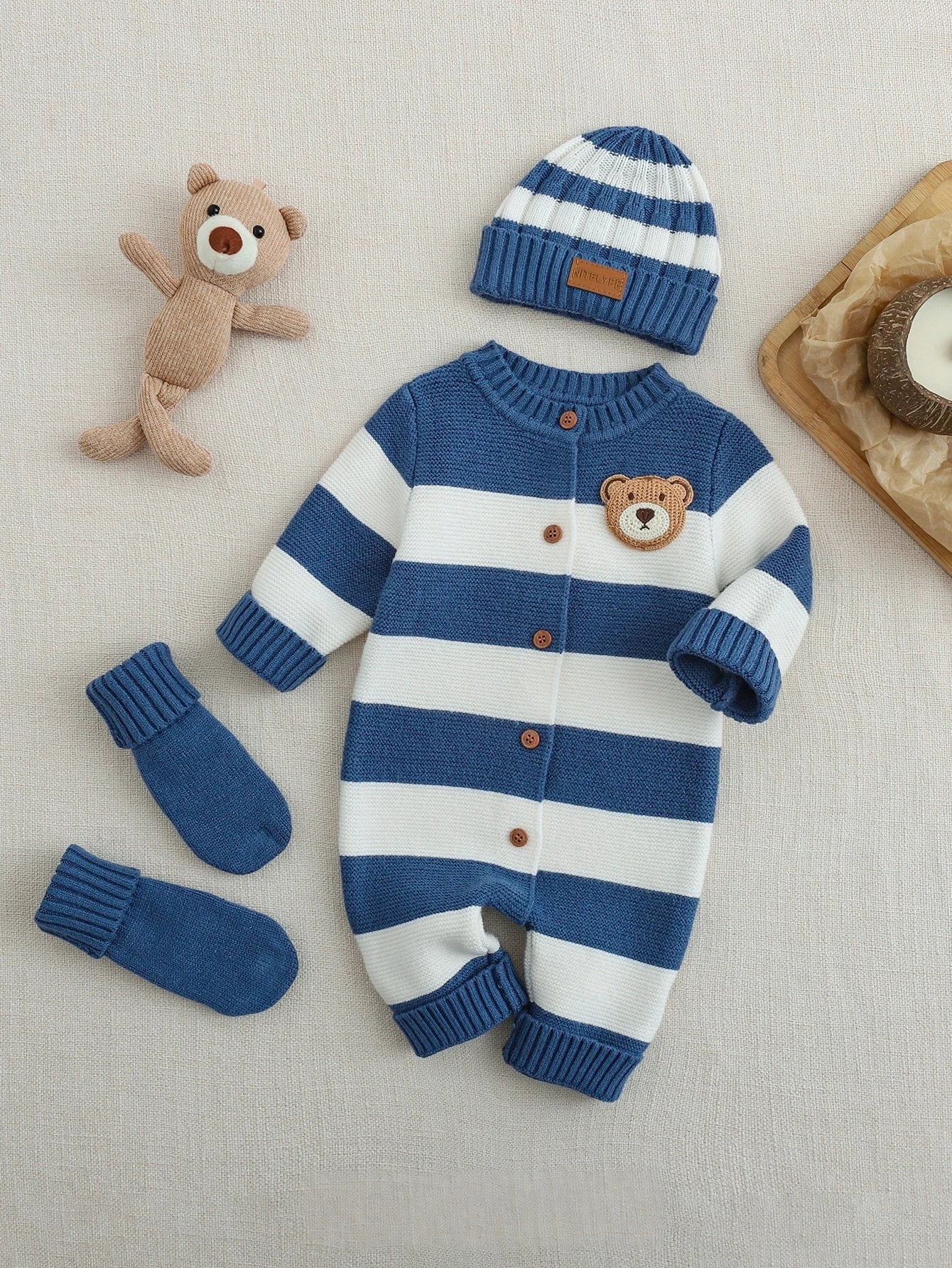 Kit Macacão Bebê Unissex 3 Peças Tricô Listrado com Urso