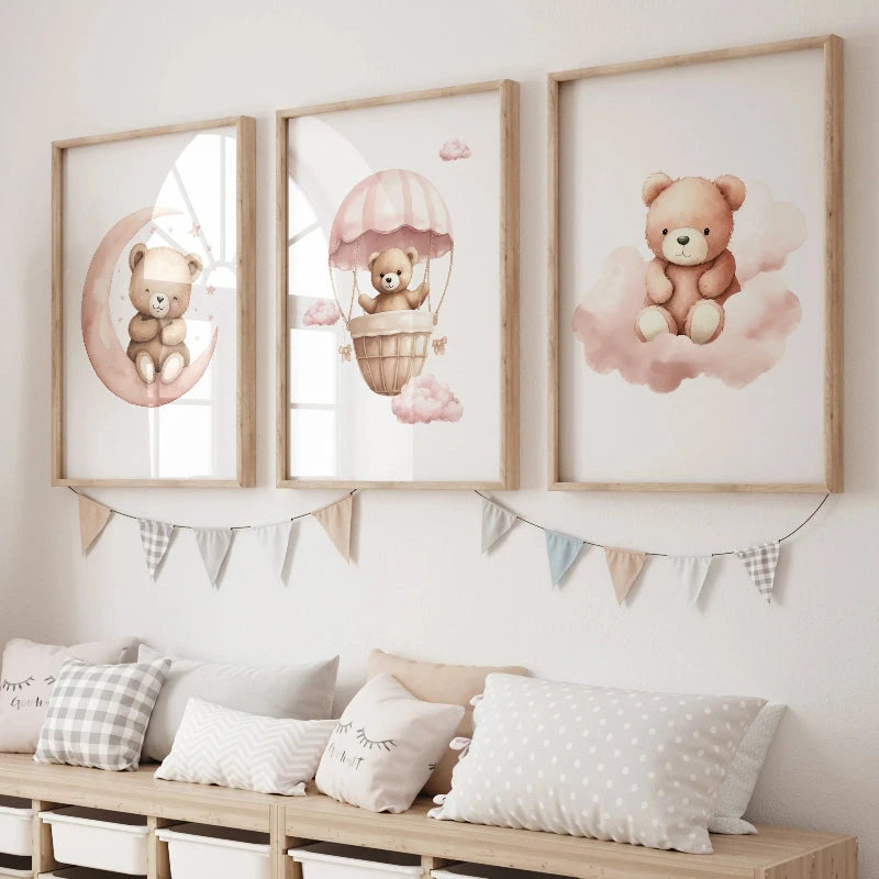 Quadro Decorativo Infantil Trio Ursos Rosa Quadro Decorativo 04 Kabannas 20x30 - Moldura preta 