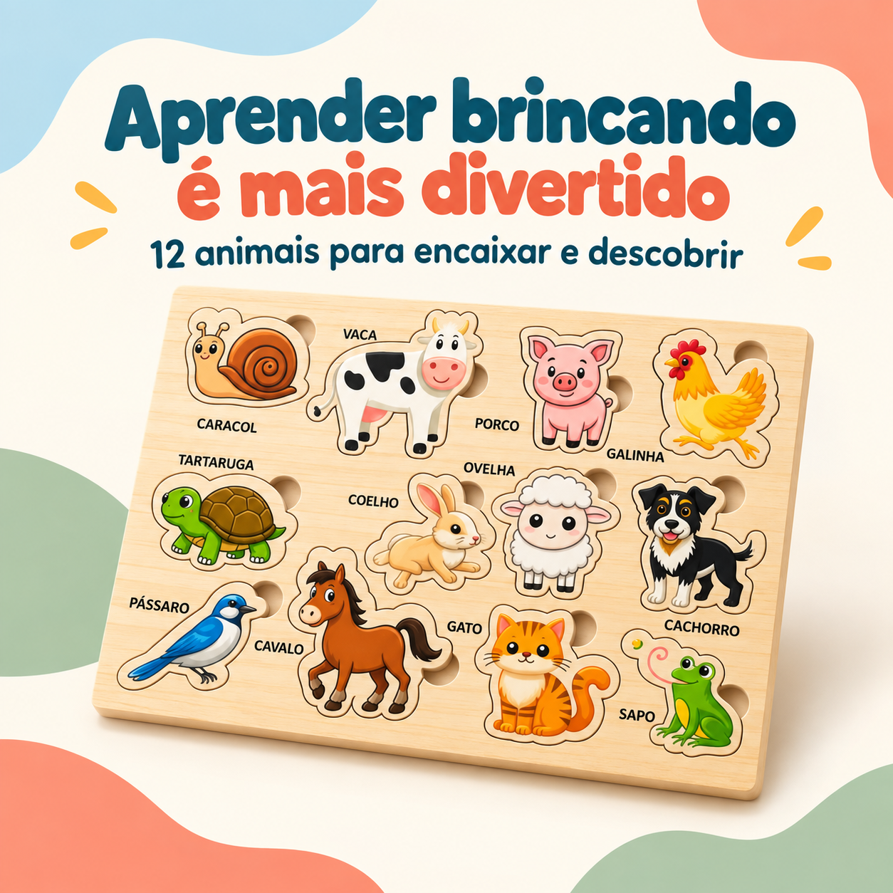 Quebra-cabeça educativo de madeira com 12 animais