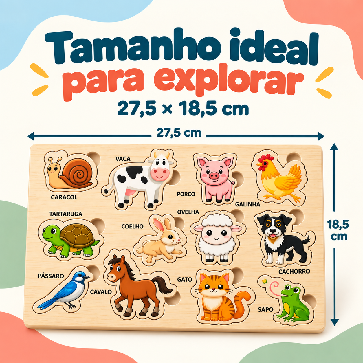 Quebra-cabeça de animais medindo 27,5 por 18,5 cm