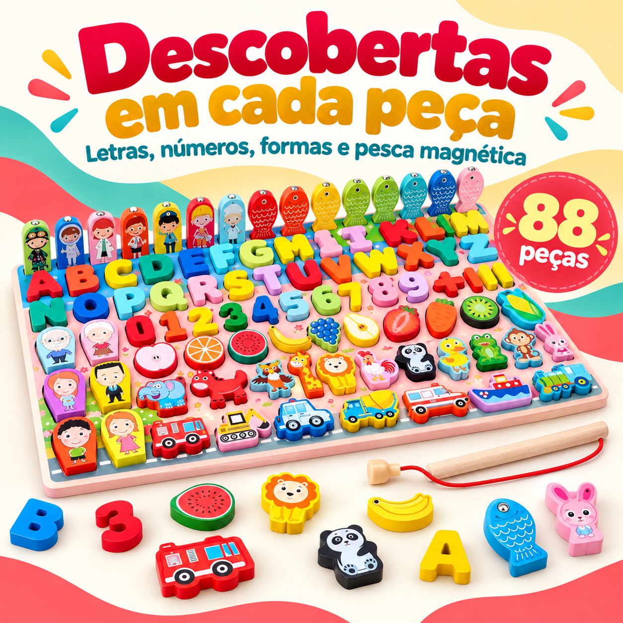 Quebra-cabeça educativo de madeira 88 peças com pesca magnética