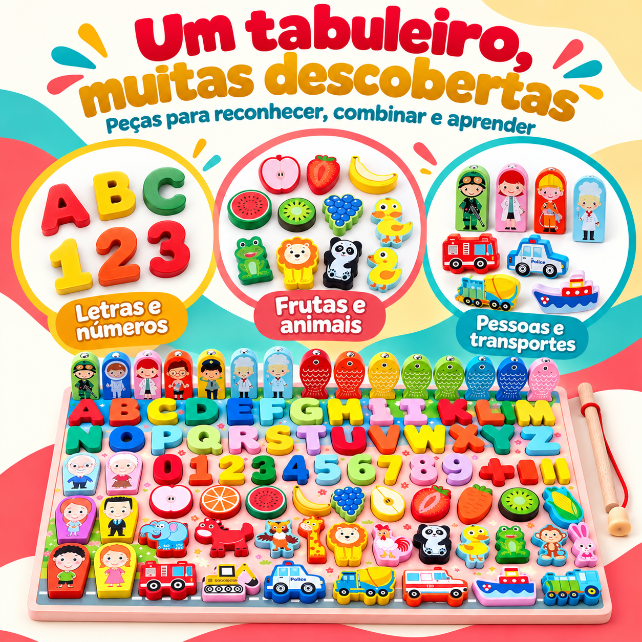 Peças com letras números frutas animais pessoas e transportes