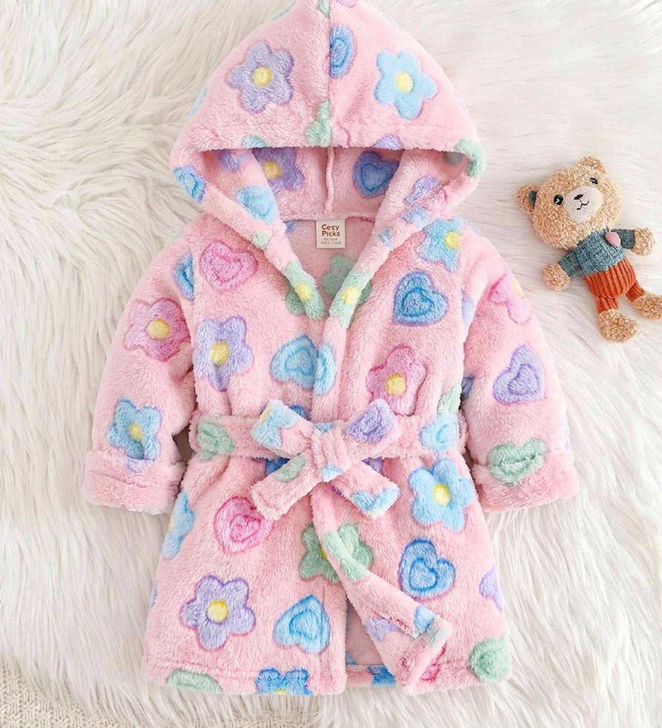 Roupão Bebê Menina com Capuz Fleece Urso e Floral 004 Roupão Menina 01 Kabannas 
